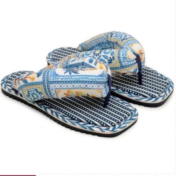 Farm Rio Navy Puffy Blue Palm Tree Printed Flip Flop Sandals Size 10 - Picture 1 of 4